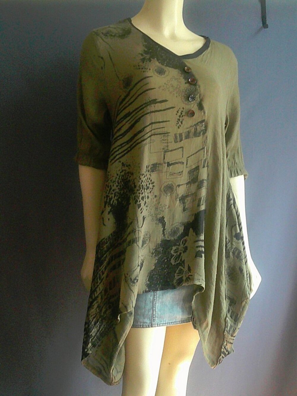 Pretty Angel Olive Black Lightweight Linen Blend Asymmetrical M
